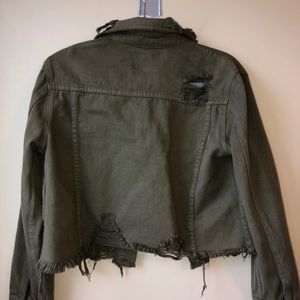 Signature olive green distressed denim jacket